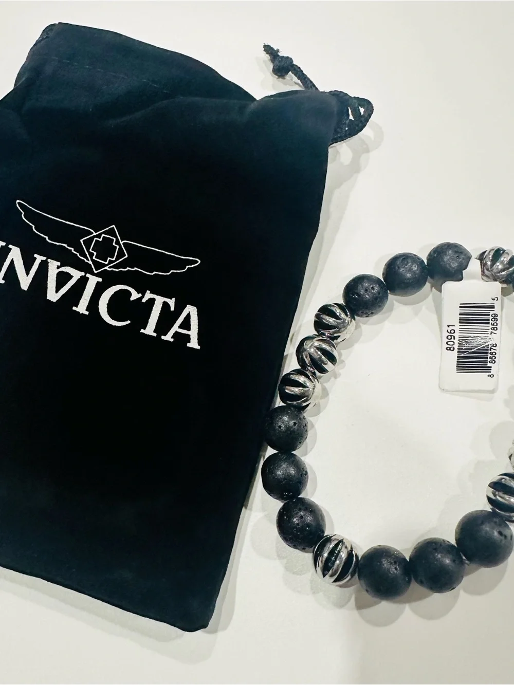 Invicta Black Lava Bead Bracelet with Silver Accents